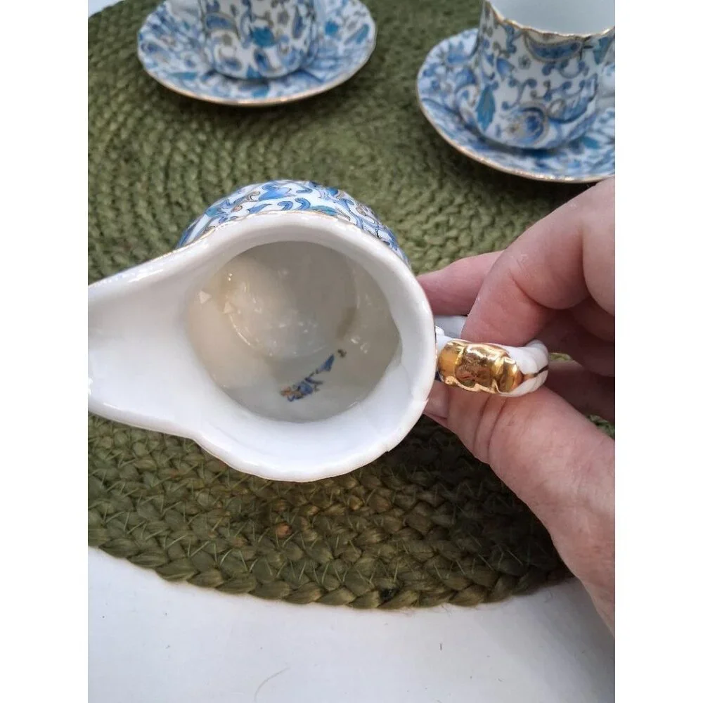Vintage Lefton China Hand Painted Blue &Gold Floral Tea Set W/Sugar Bowl Cre